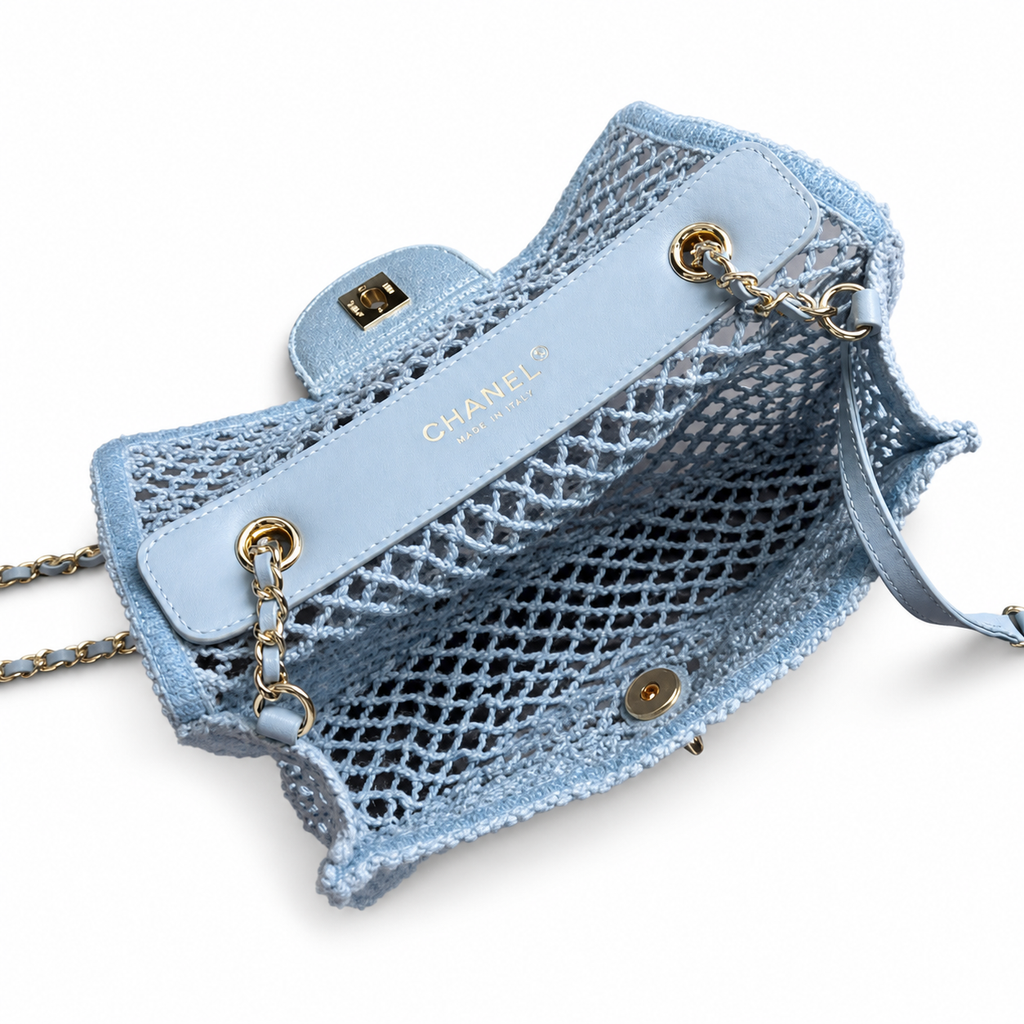 CHANEL Ice Blue Woven Mesh Flap Bag Pearl Trim Gold Chain