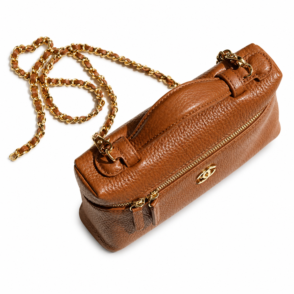 CHANEL Caramel Brown Caviar Leather Vanity Case Top Handle Chain Bag