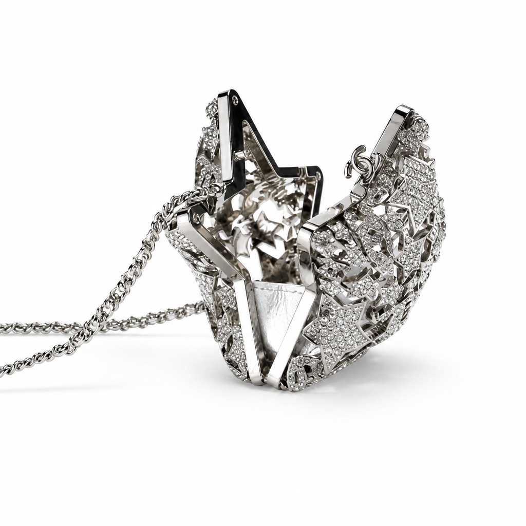 Chanel Silver Crystal Pavé Star Minaudière Evening Bag | CC Filigree | Gunmetal | 13cm