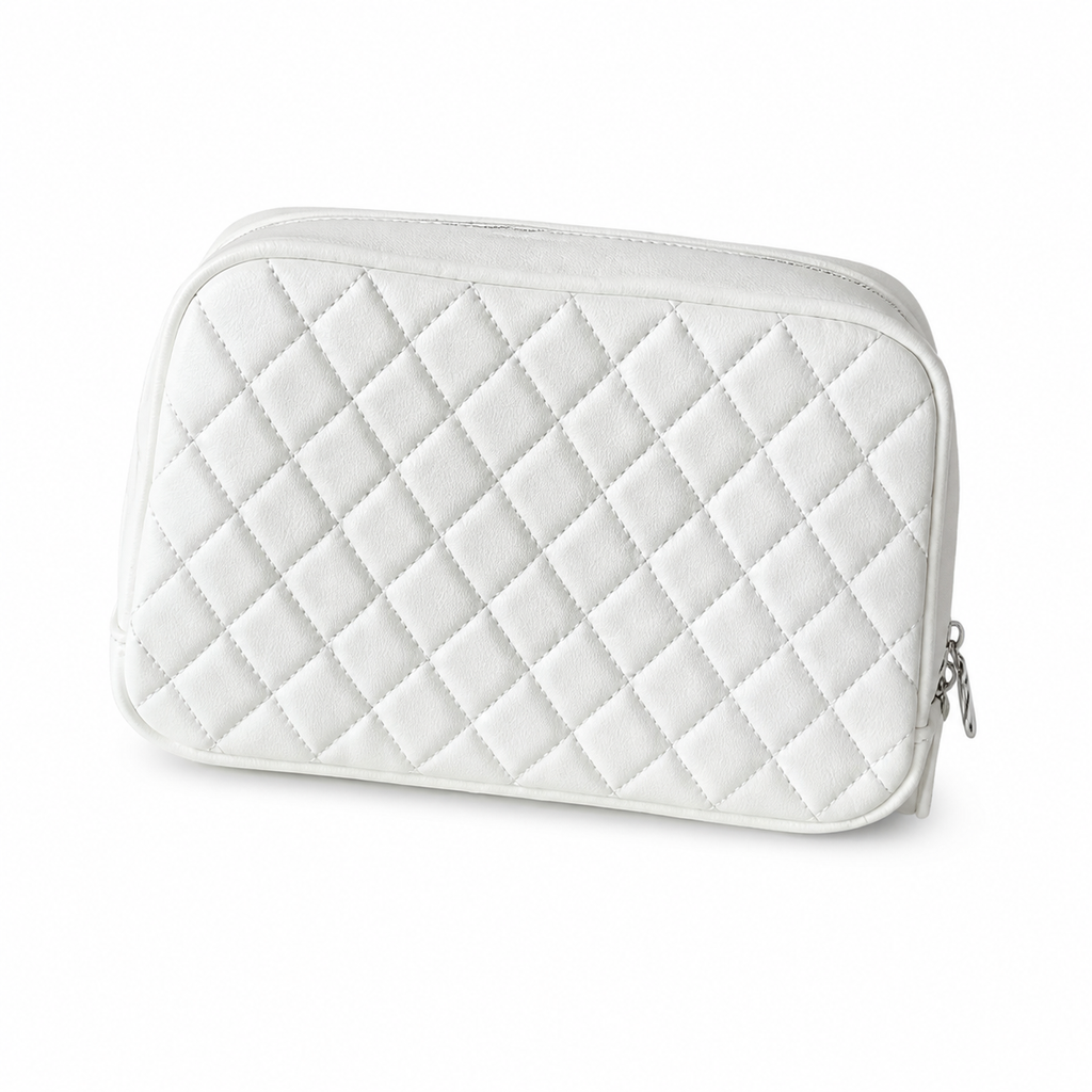 Chanel White Caviar Quilted Zip-Around Vanity Travel Case Silver CC Logo Engraved Zipper Pull Silver Hardware 21cm