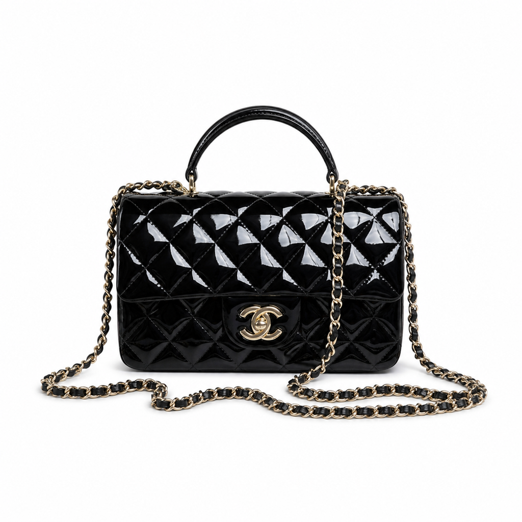 Chanel Black Patent Leather Quilted Mini Flap Bag | Top Handle & Gold CC | 20cm