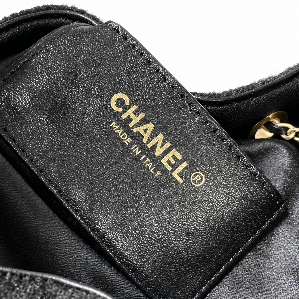 Chanel Black Tweed Drawstring Bucket Bag Aged Gold CC Chain Large 30cm