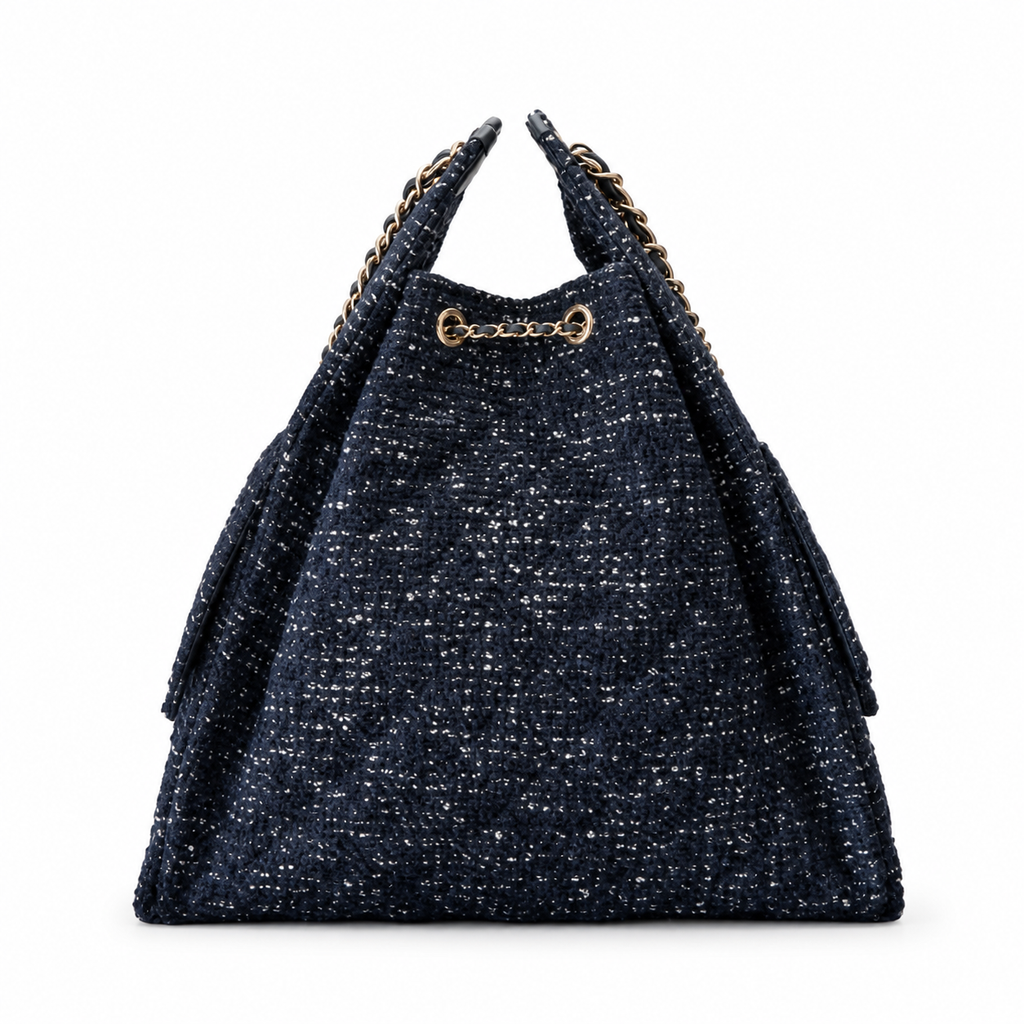 Chanel Navy Sequin Tweed Drawstring Bucket Bag Gold Chain