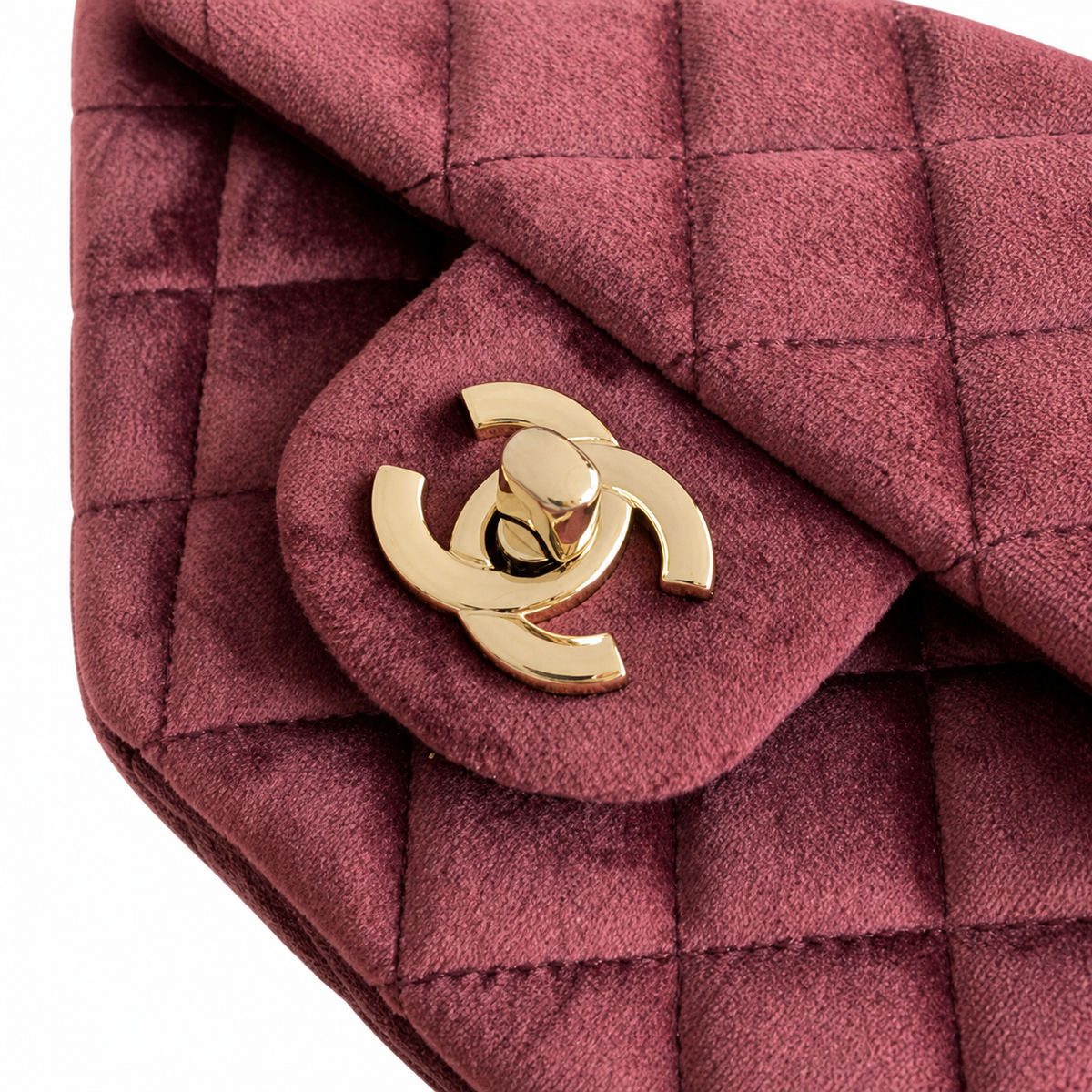 Chanel Pearl Crush Mini Square Flap Bag Burgundy Velvet Crystal Pearl Ball Chain 18cm