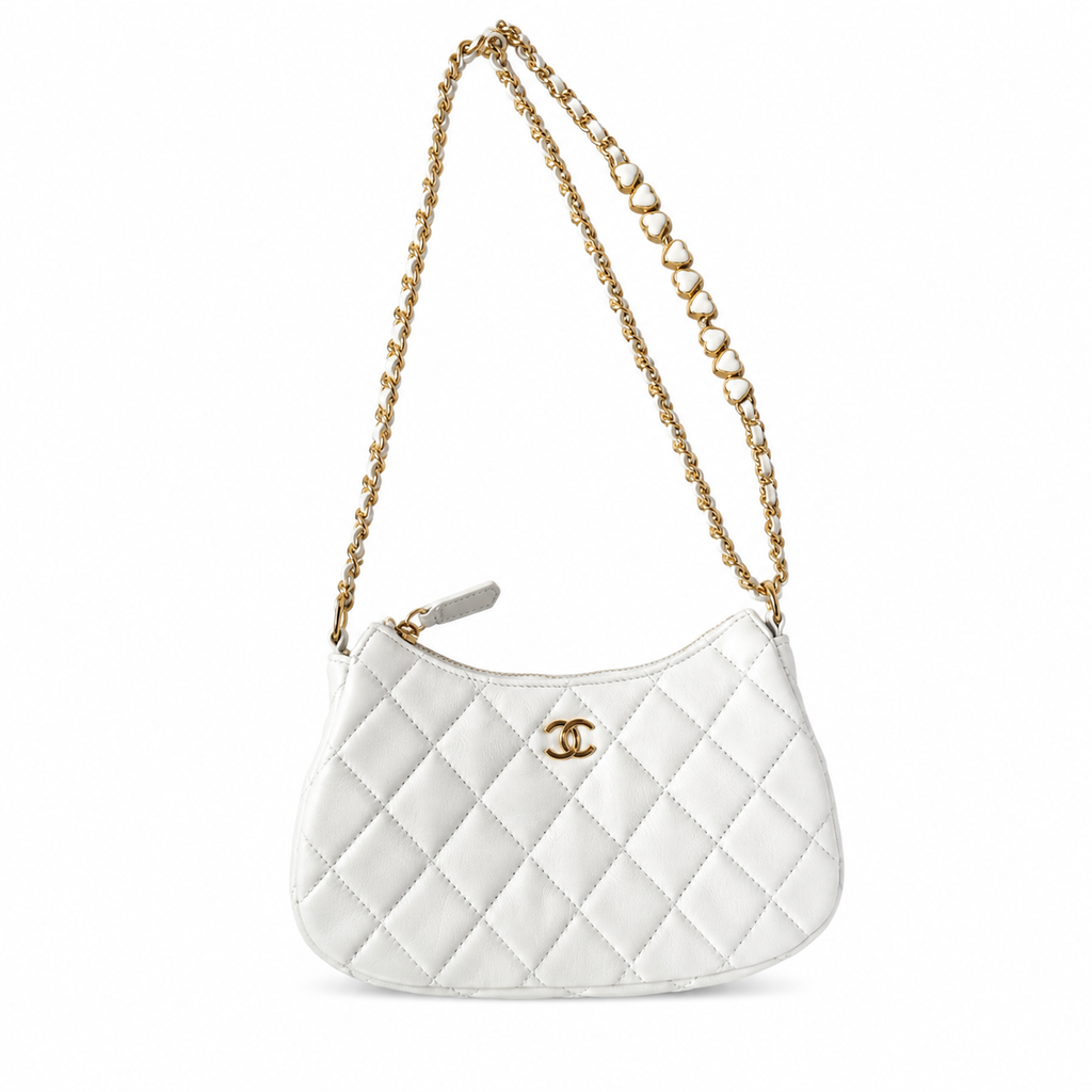 Chanel White Quilted Lambskin Mini Hobo Bag Gold Heart Enamel Chain CC