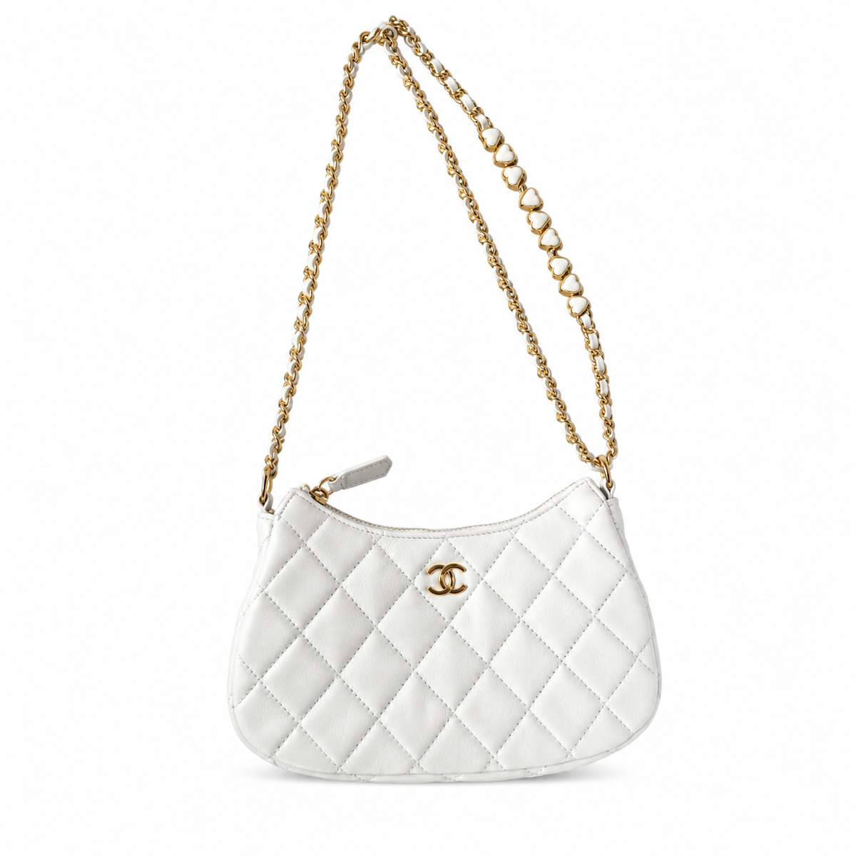 Chanel White Quilted Lambskin Mini Hobo Bag Gold Heart Enamel Chain CC