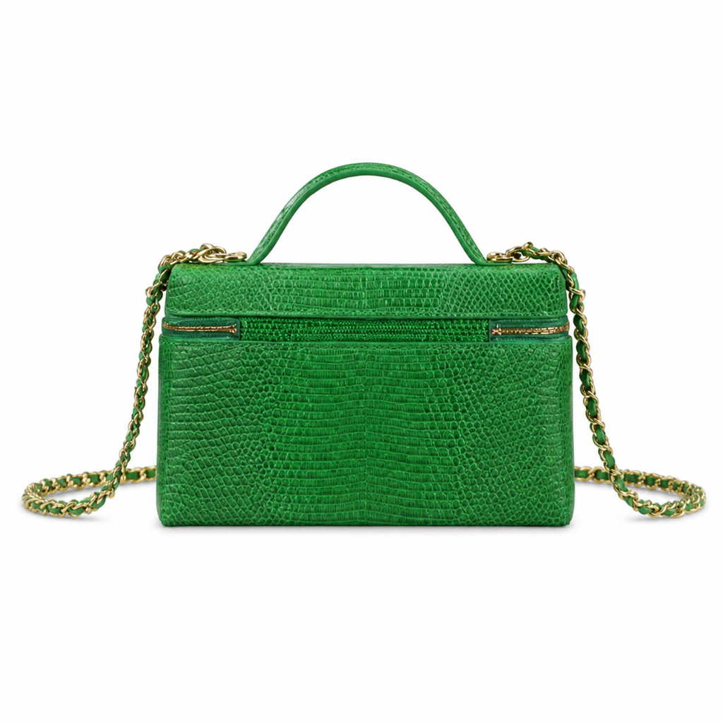 CHANEL Emerald Green Lizard-Embossed Leather Vanity Case Top Handle Chain Bag