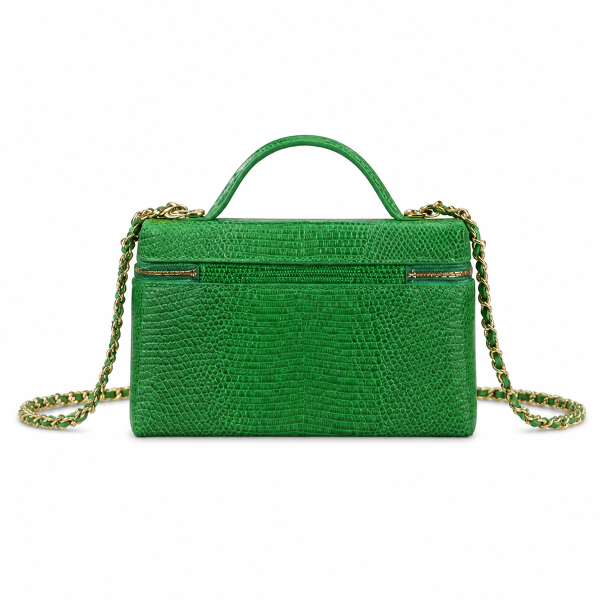 CHANEL Emerald Green Lizard-Embossed Leather Vanity Case Top Handle Chain Bag