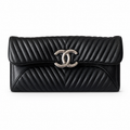 Chanel Black Leather Linear Horizontal Stitch Large Flap Clutch Silver CC Turn-Lock Interior Zip Pocket 30cm