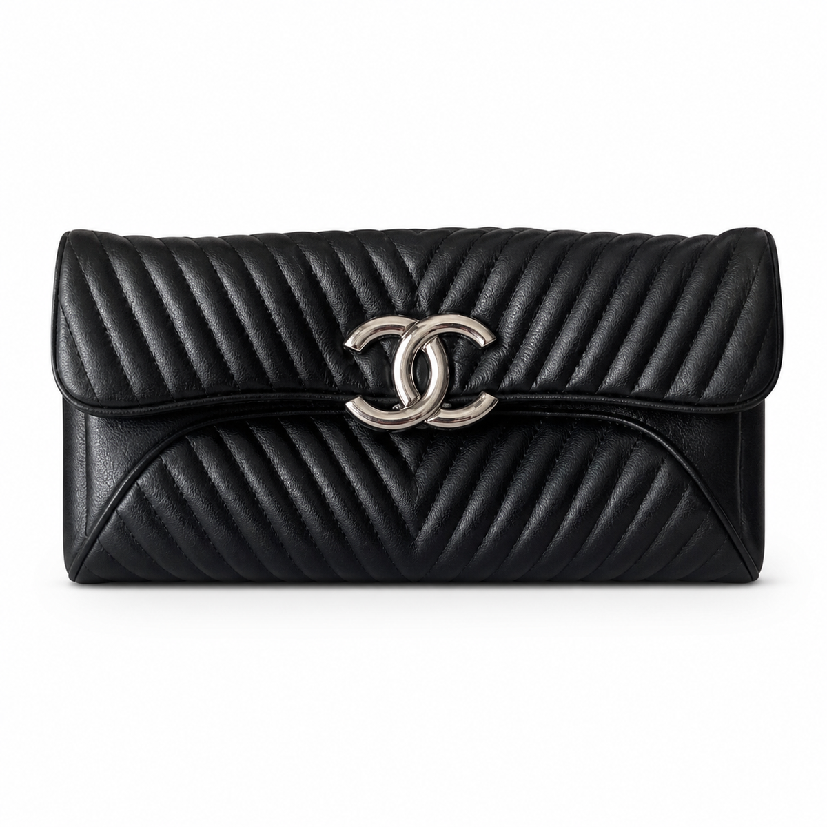 Chanel Black Leather Linear Horizontal Stitch Large Flap Clutch Silver CC Turn-Lock Interior Zip Pocket 30cm