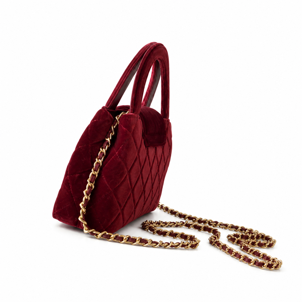 Chanel Red Velvet Quilted Heart Bag Gold CC Flap Top Handle