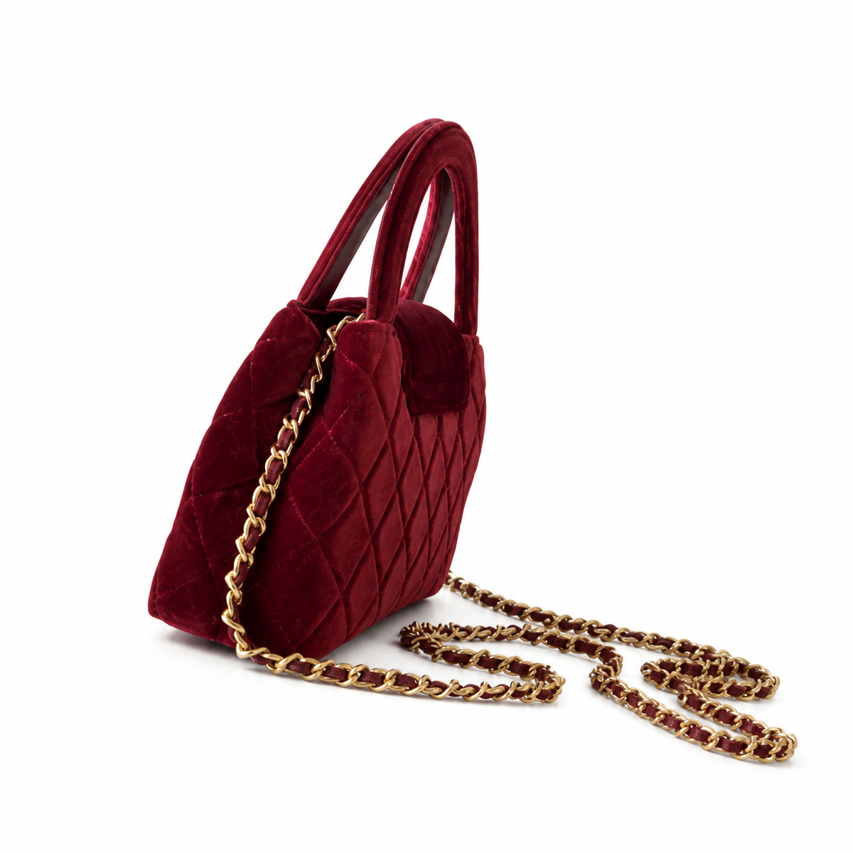 Chanel Red Velvet Quilted Heart Bag Gold CC Flap Top Handle