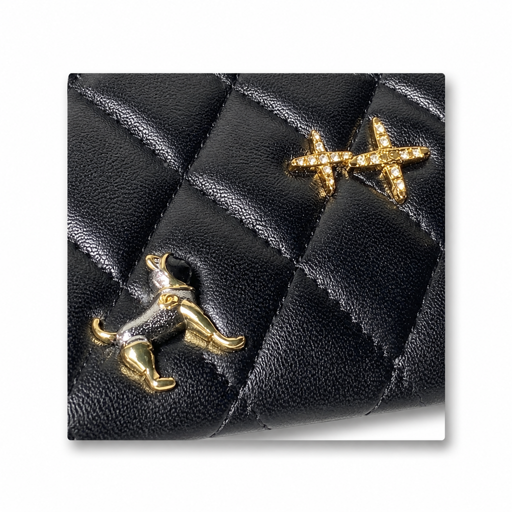 Chanel Black Lambskin Classic Double Flap 25 Lucky Charms Limited Edition Gold Hardware Eiffel Tower Airplane Dog Camellia CC