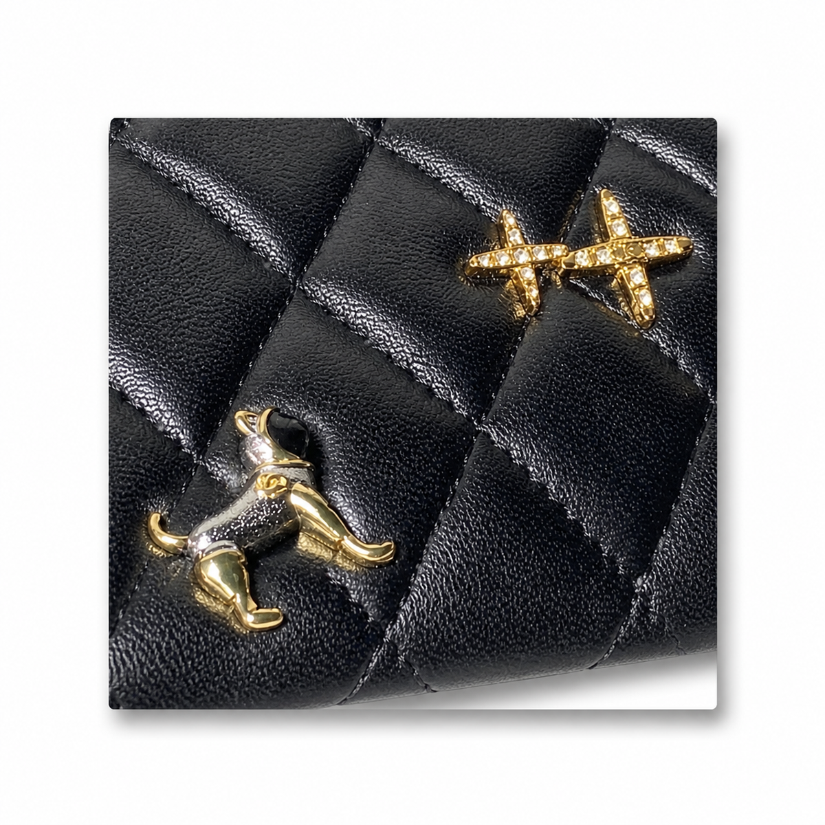 Chanel Black Lambskin Classic Double Flap 25 Lucky Charms Limited Edition Gold Hardware Eiffel Tower Airplane Dog Camellia CC