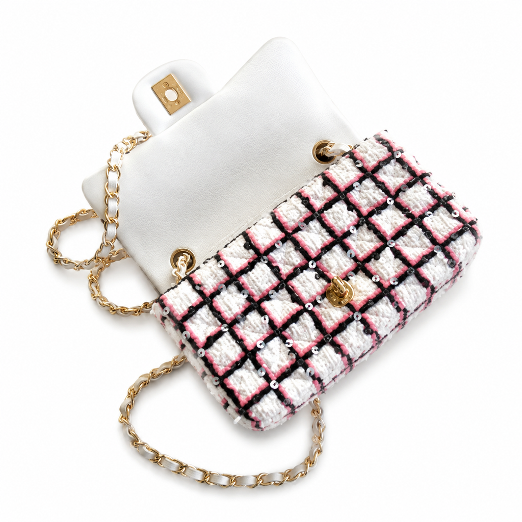 Chanel Tweed Crystal Flap Bag | Gold Chain Pink White Black — 20cm