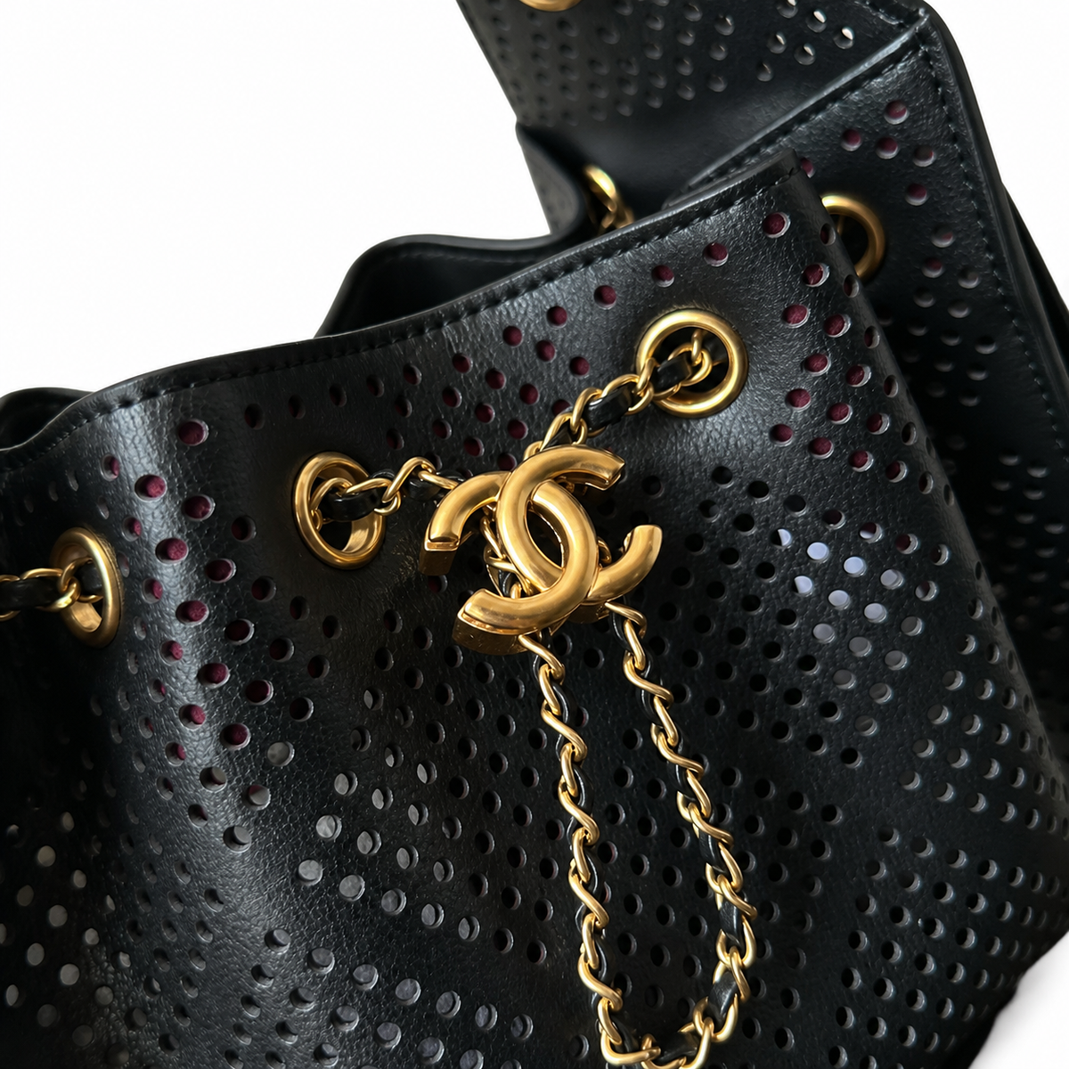 Chanel Black Perforated Leather Drawstring Bucket Bag Antique Gold