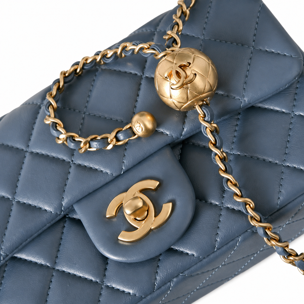Chanel Pearl Crush Mini Rectangle Flap Bag Denim Blue Lambskin Gold Pearl Chain 20cm