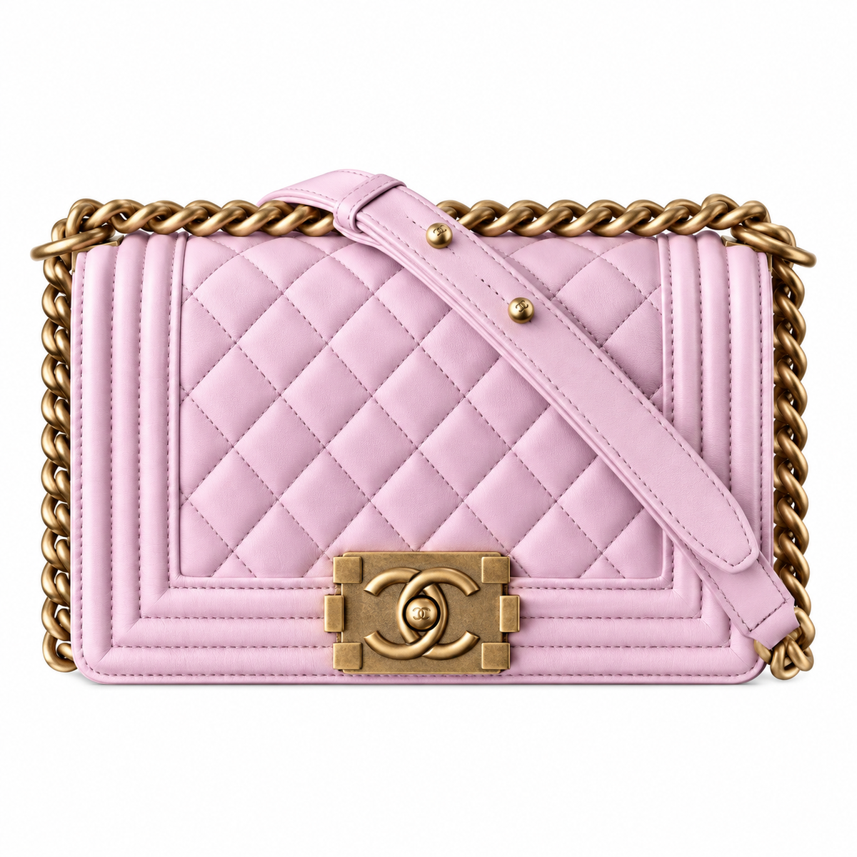 Chanel Boy Bag Small Light Pink Quilted Lambskin Aged Gold CC Turn-Lock Chunky Chain Crossbody 20cm