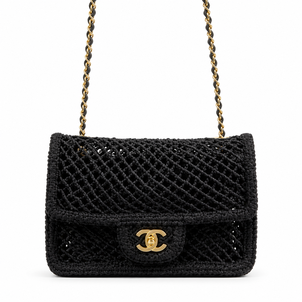 CHANEL Black Open Mesh Crochet Flap Bag Gold Chain Made in Italy