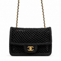 CHANEL Black Open Mesh Crochet Flap Bag Gold Chain Made in Italy