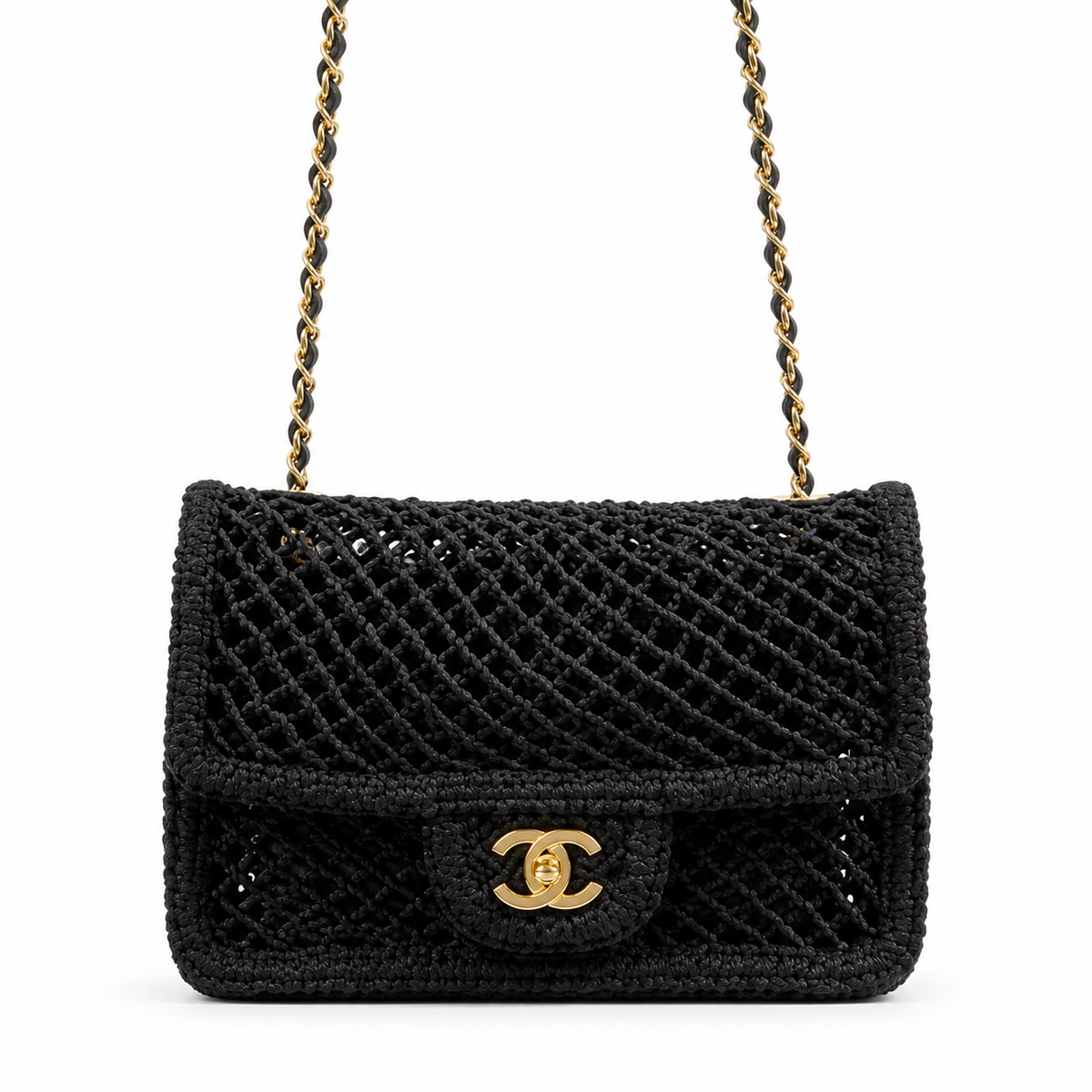 CHANEL Black Open Mesh Crochet Flap Bag Gold Chain Made in Italy