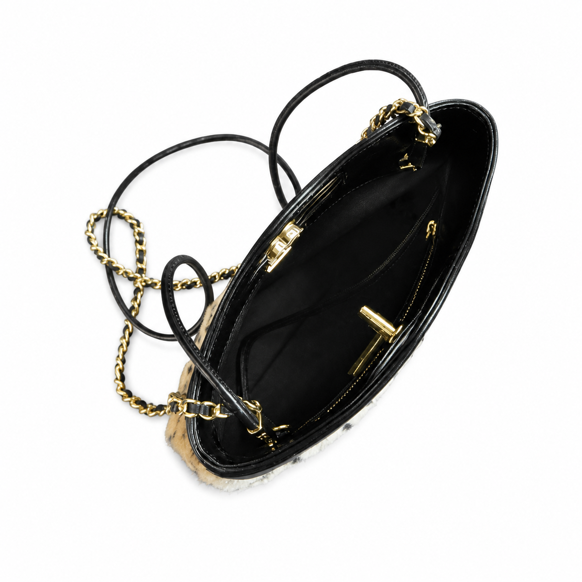 CHANEL Spotted Fur Hobo Crossbody Bag – Black Polka Dot Shearling Black Leather Gold Hardware 22×23×5cm