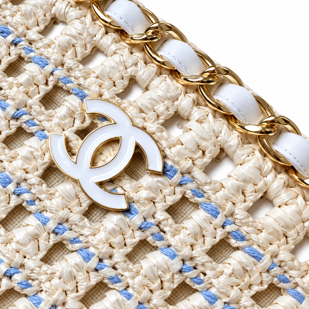 Chanel Ivory Crochet Open-Weave Shopping Tote Bag | Gold CC Chain Handles | 28×20×13cm