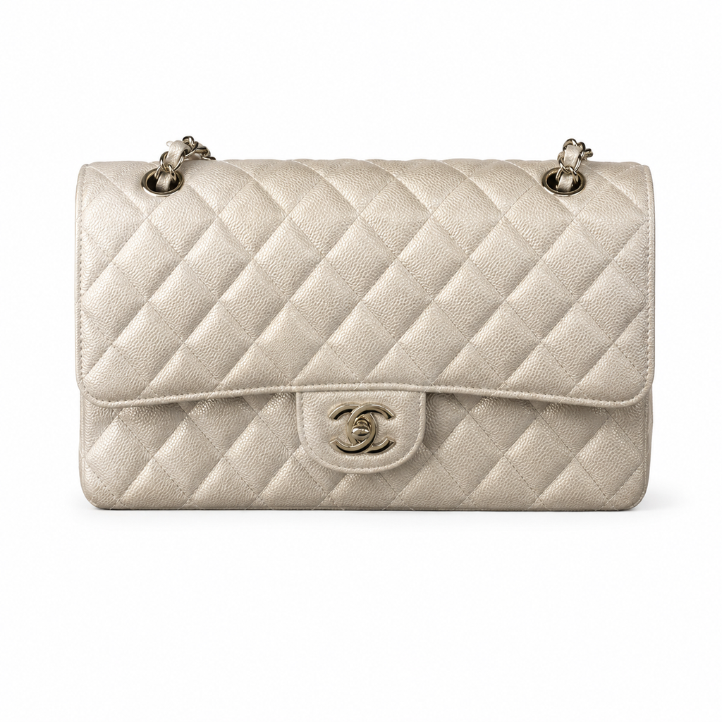 CHANEL Ivory Quilted Lambskin Medium Classic Double Flap Bag Silver Hardware