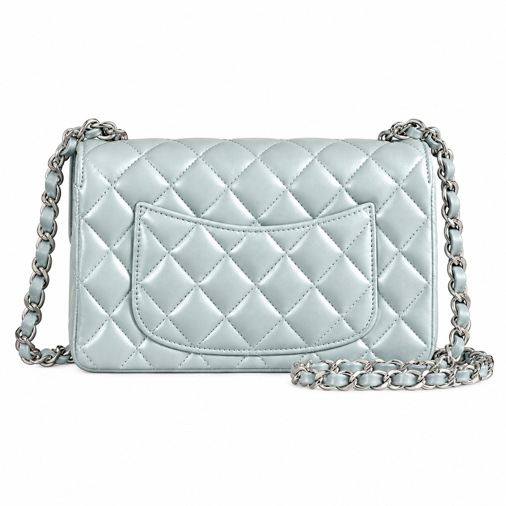 Chanel Mini Classic Flap Space Charm Ice Blue Lambskin Silver 20cm