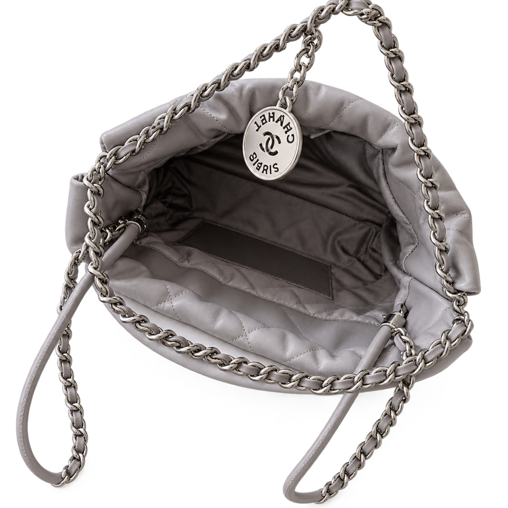 Chanel 22 Mini Bag Light Grey Quilted Lambskin Silver Chain 19cm