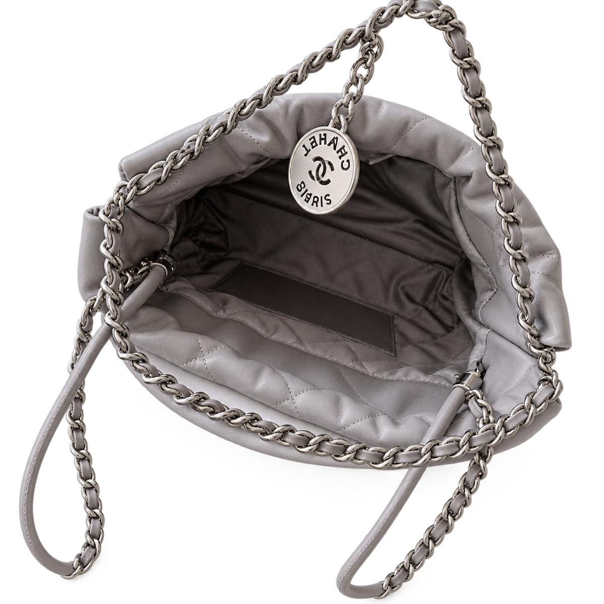 Chanel 22 Mini Bag Light Grey Quilted Lambskin Silver Chain 19cm