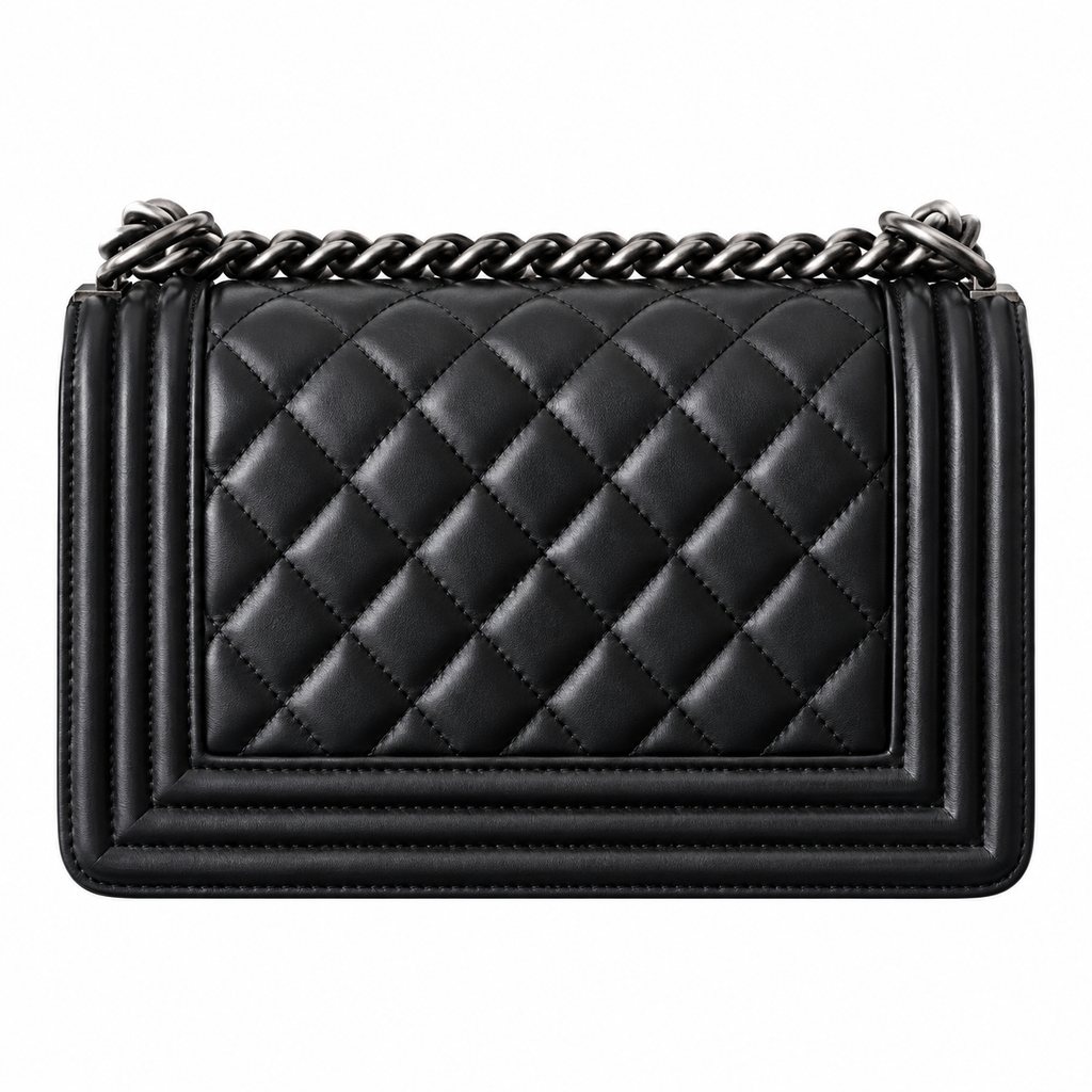 Chanel Boy Bag Small Black Quilted Calfskin Ruthenium Silver Hardware Chunky Chain Logo Plate 20cm