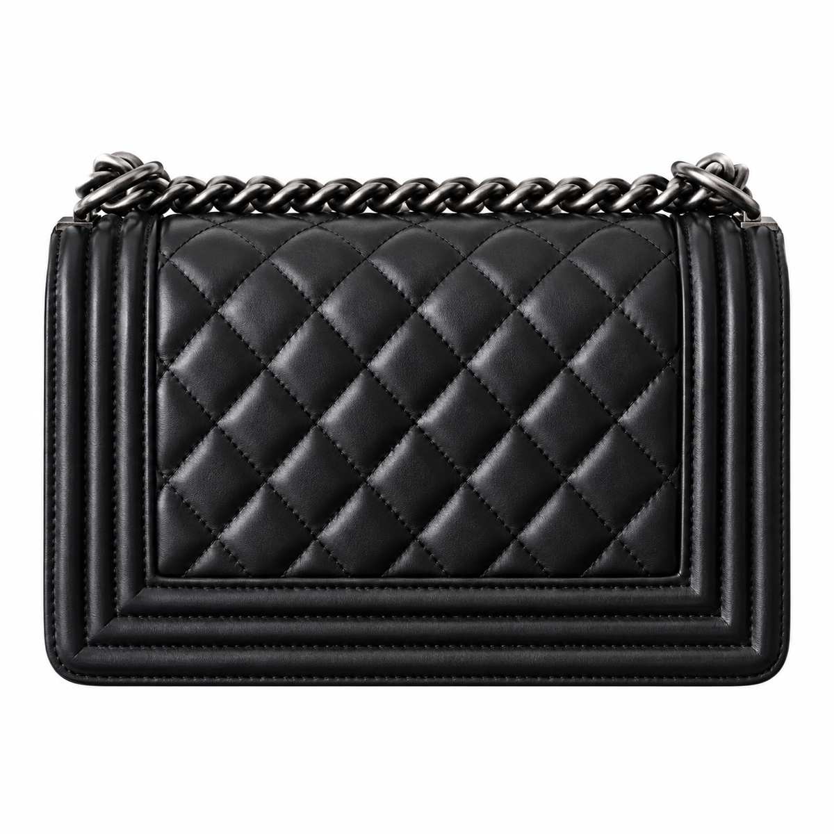Chanel Boy Bag Small Black Quilted Calfskin Ruthenium Silver Hardware Chunky Chain Logo Plate 20cm