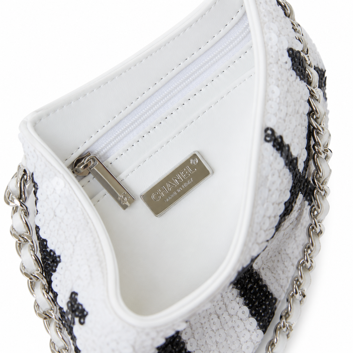 Chanel White Sequin Black Bow Embroidered Flap Bag Silver Chain