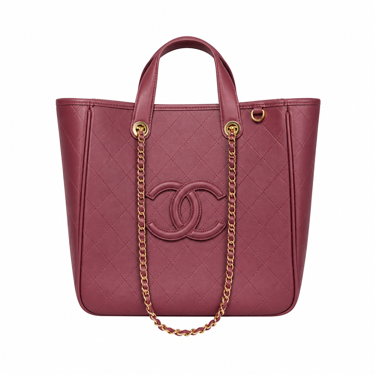 Chanel Large Shopping Tote Bag | Burgundy Calfskin Gold CC Logo & Chain Strap