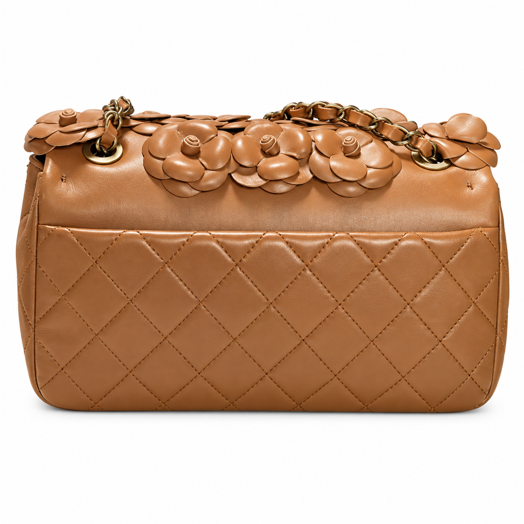 CHANEL Caramel Brown Petal Leather Appliqué Quilted Lambskin Flap Bag