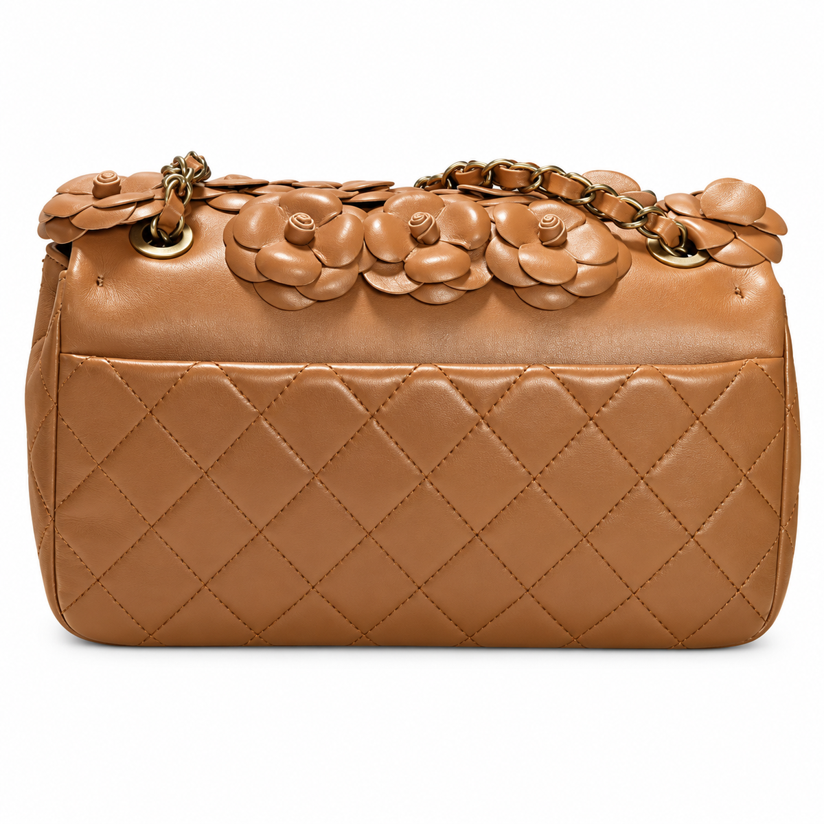 CHANEL Caramel Brown Petal Leather Appliqué Quilted Lambskin Flap Bag