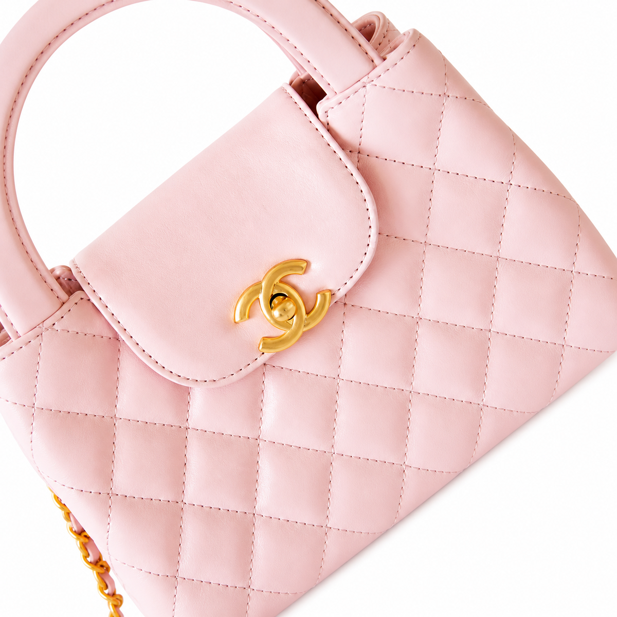 Chanel Baby Pink Quilted Lambskin Mini Coco Handle Bag Aged Gold Sculptural CC Chain