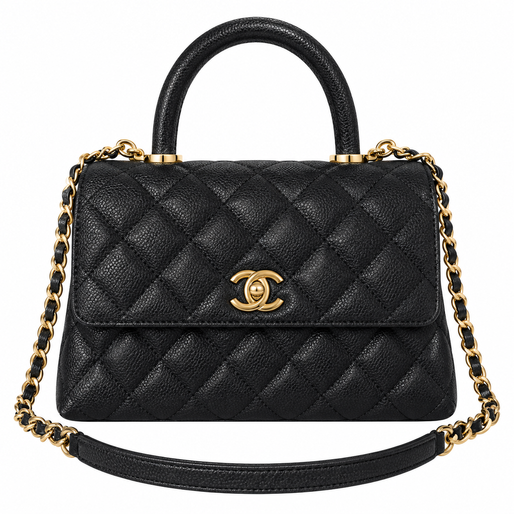 Chanel Black Caviar Quilted Top Handle Crossbody Bag Polished Gold Hardware CHANEL-Engraved Ring CC Lobster Clasp 23cm