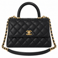 Chanel Black Caviar Quilted Top Handle Crossbody Bag Polished Gold Hardware CHANEL-Engraved Ring CC Lobster Clasp 23cm