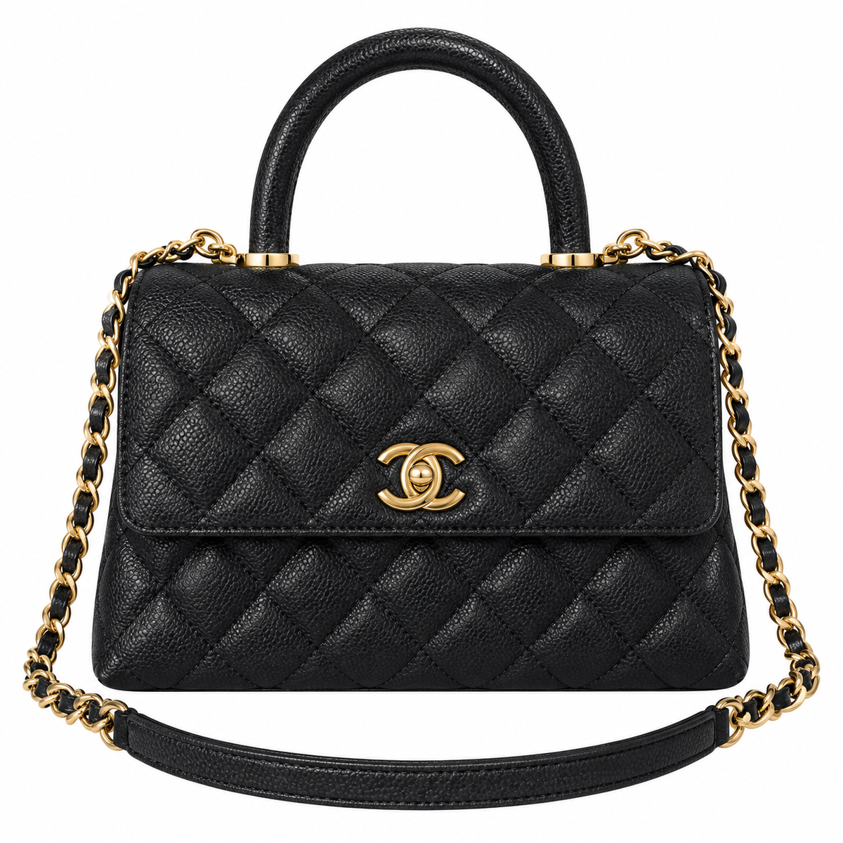 Chanel Black Caviar Quilted Top Handle Crossbody Bag Polished Gold Hardware CHANEL-Engraved Ring CC Lobster Clasp 23cm