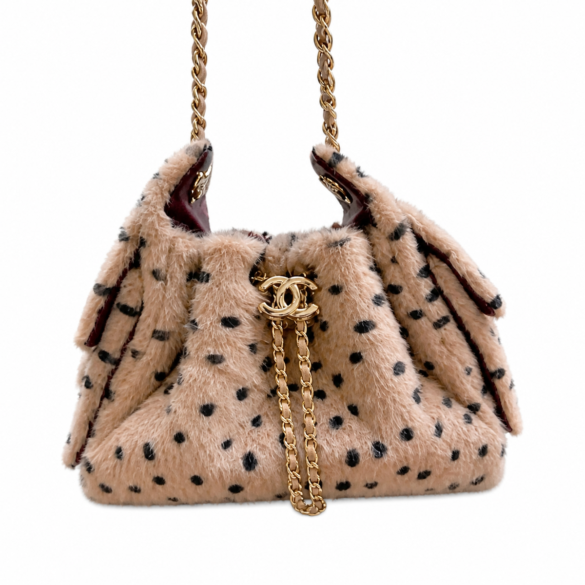 Chanel Beige Polka Dot Faux Fur Mini Backpack Gold CC Pearl Chain