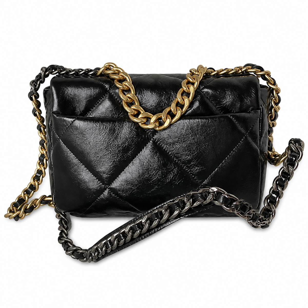 Chanel 19 Large Flap Bag Black Shiny Goatskin Mixed Metal Chain Gold CC Turn-Lock 26cm