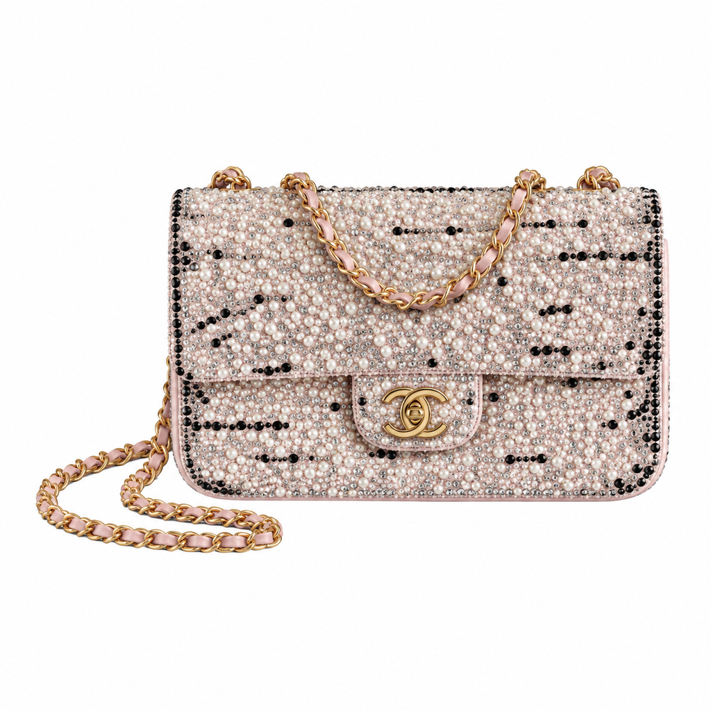 CHANEL Crystal Pearl Embellished Classic Flap Crossbody Bag – Blush Pink Interior Gold Chain 20cm