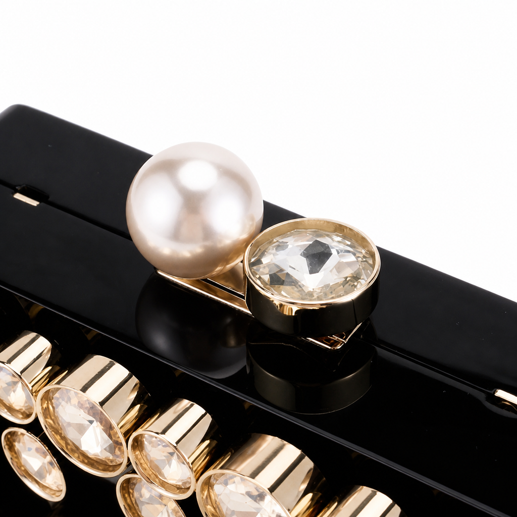 Chanel Black Crystal & Pearl Embellished Evening Box Clutch | Gold Chain | 16×11.6×6.8cm