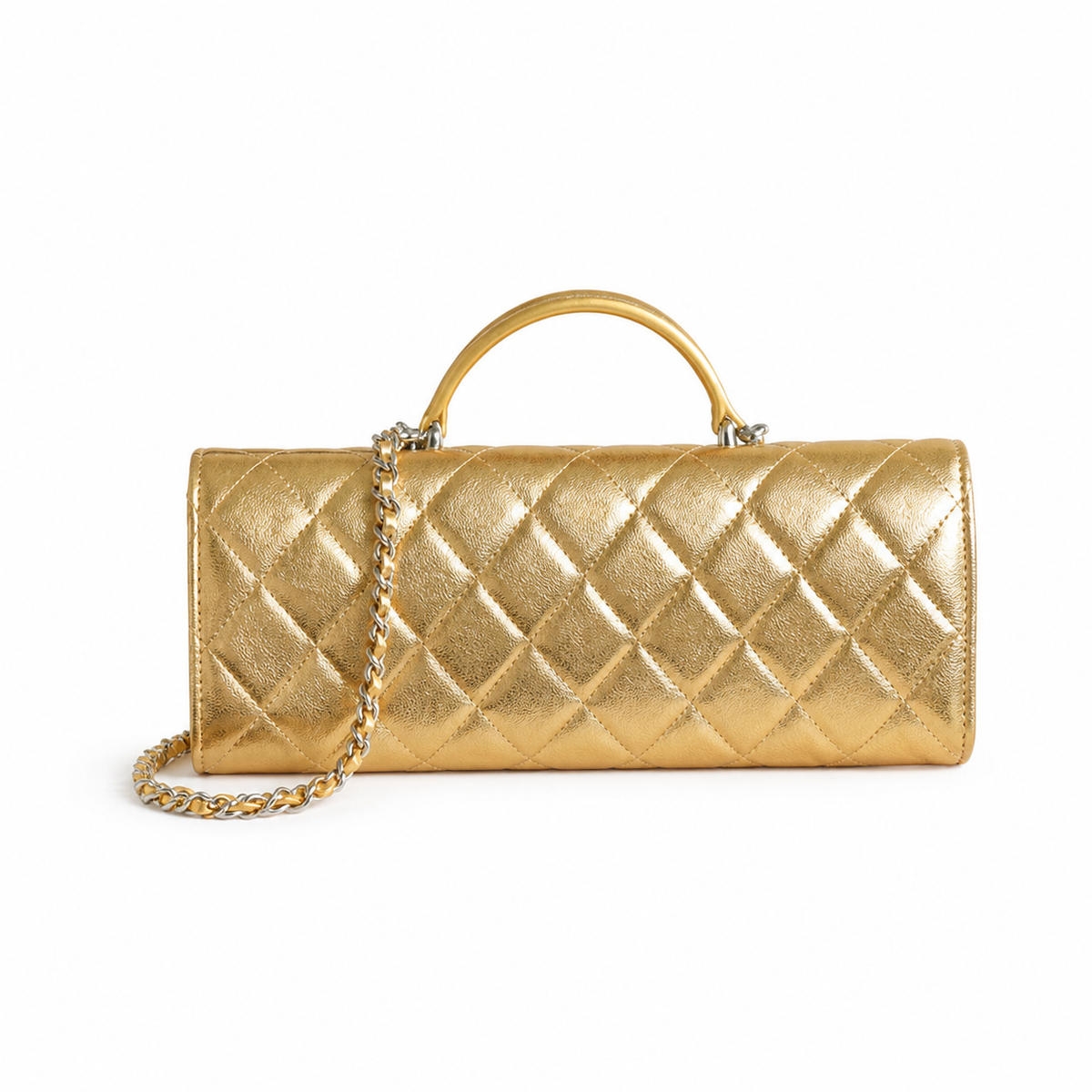 Chanel Gold Quilted Metallic Leather Elongated Flap Bag | CC Lock | 9.5×25×5cm