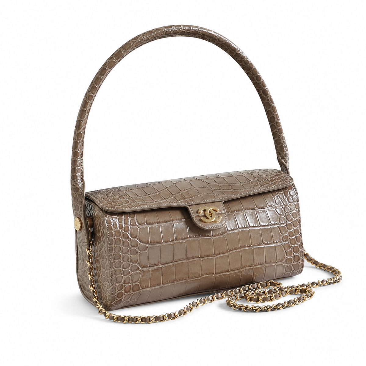 Chanel Taupe Croc-Embossed Leather Barrel Flap Crossbody Bag | Gold Chain | 11×23×12.5cm