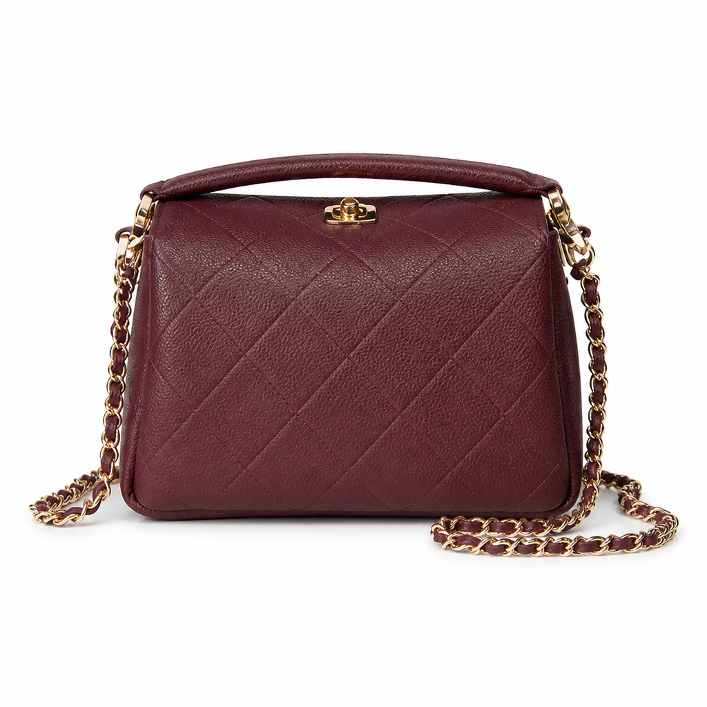 Chanel Mini Box Bag | Burgundy Quilted Lambskin Gold Chain Top Handle | 23cm
