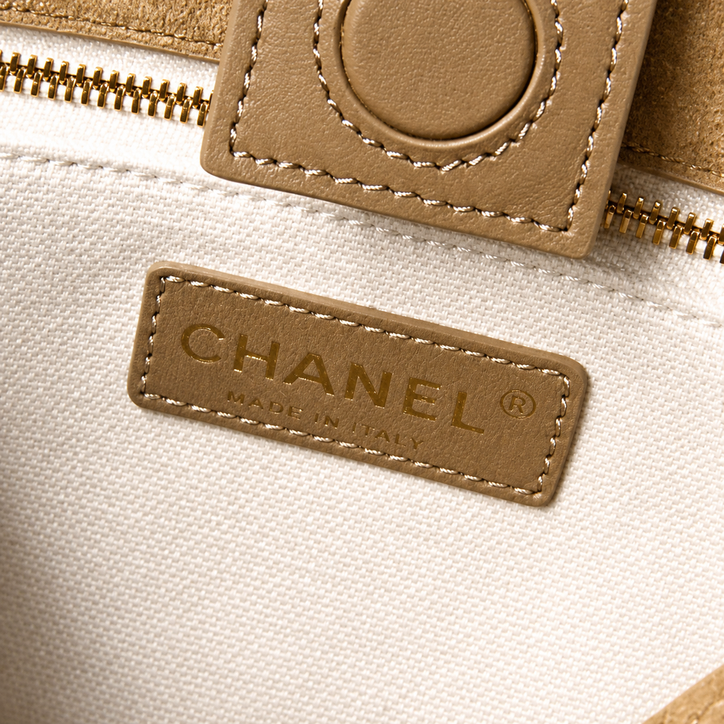 Chanel Camel Suede Quilted Bucket Crossbody Bag | Dual CC Leather Medallions | Top Handle & Strap | 20×18×12cm
