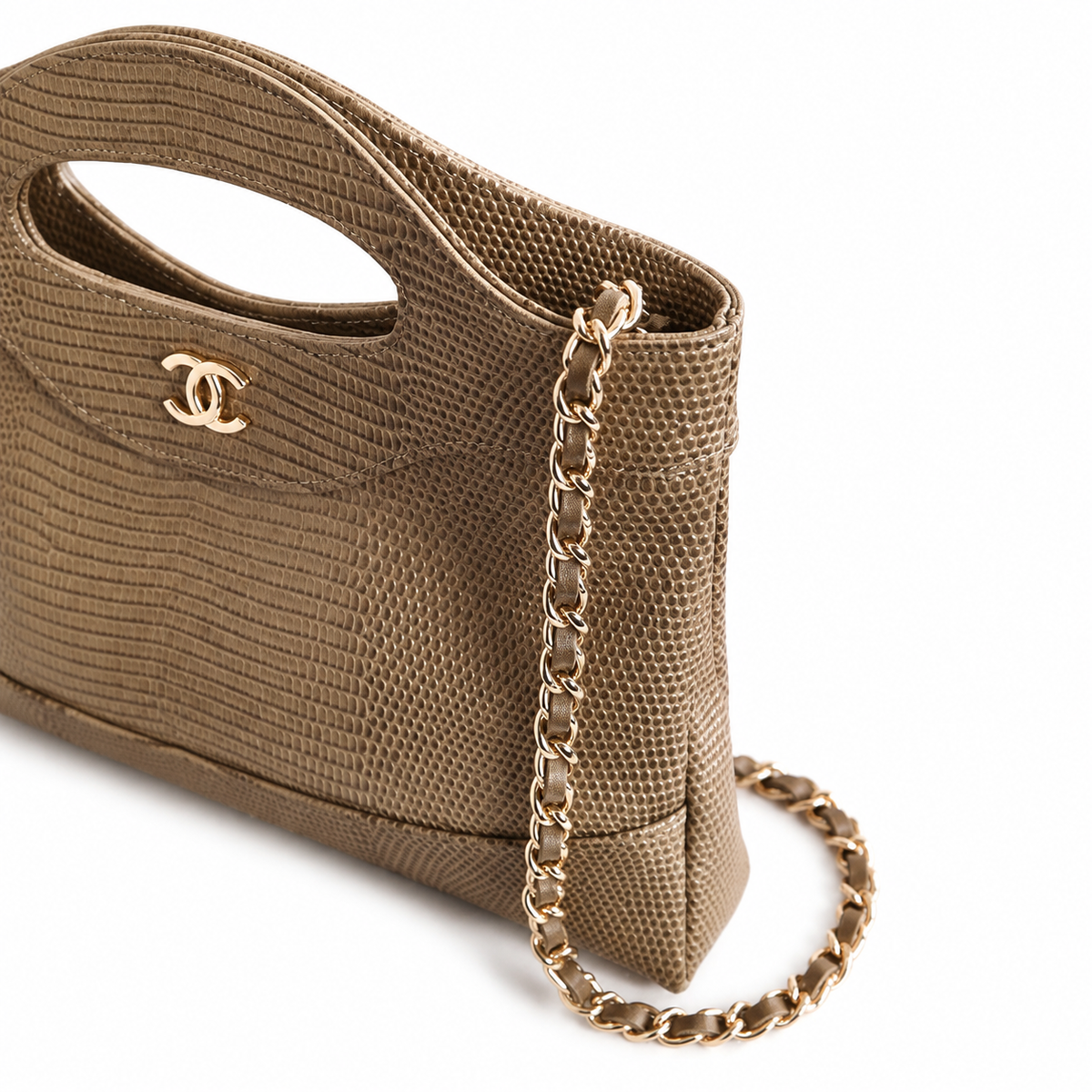 Chanel 31 Khaki Lizard-Embossed Leather Bag with Gold Chain